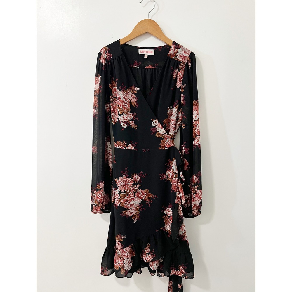 LEYDEN Black Floral Print Long Sleeve Wrap Dress Party Cocktail‎